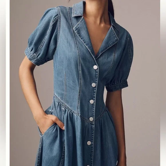 Pilcro Short-Sleeved Denim Midi Shirt Dress - Picture 2 of 4
